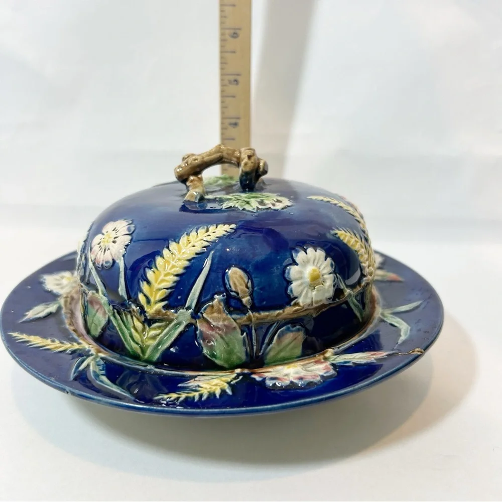 Antique George Jones Majolica Cobalt Muffin Dish & Cover, Victorian 1870’s